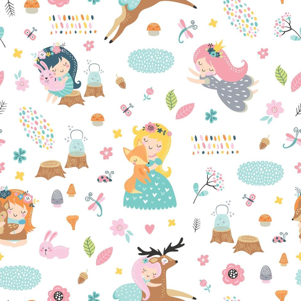 Childish seamless pattern with forest fairies and baby animals vector