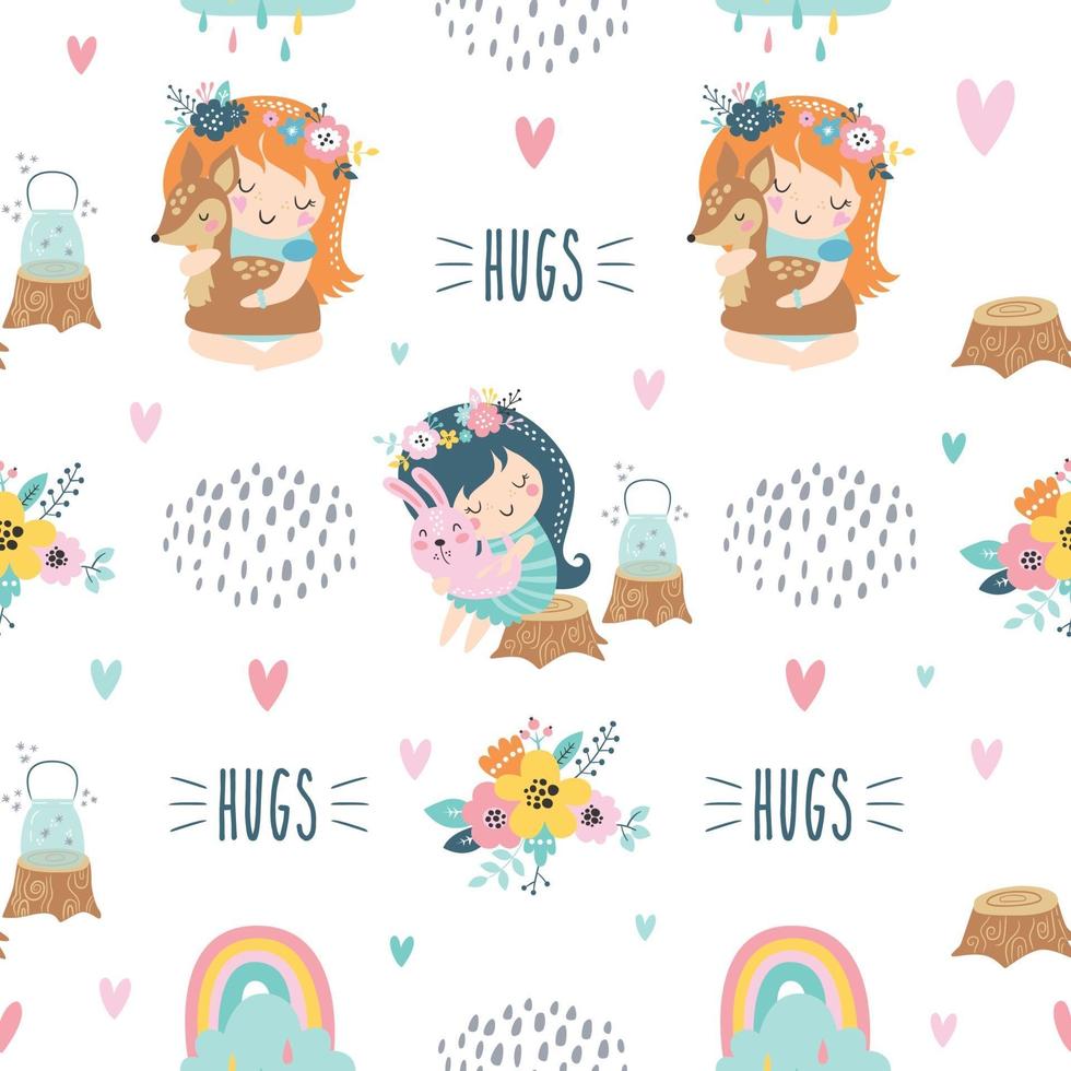 Childish seamless pattern with forest fairies and baby animals. vector