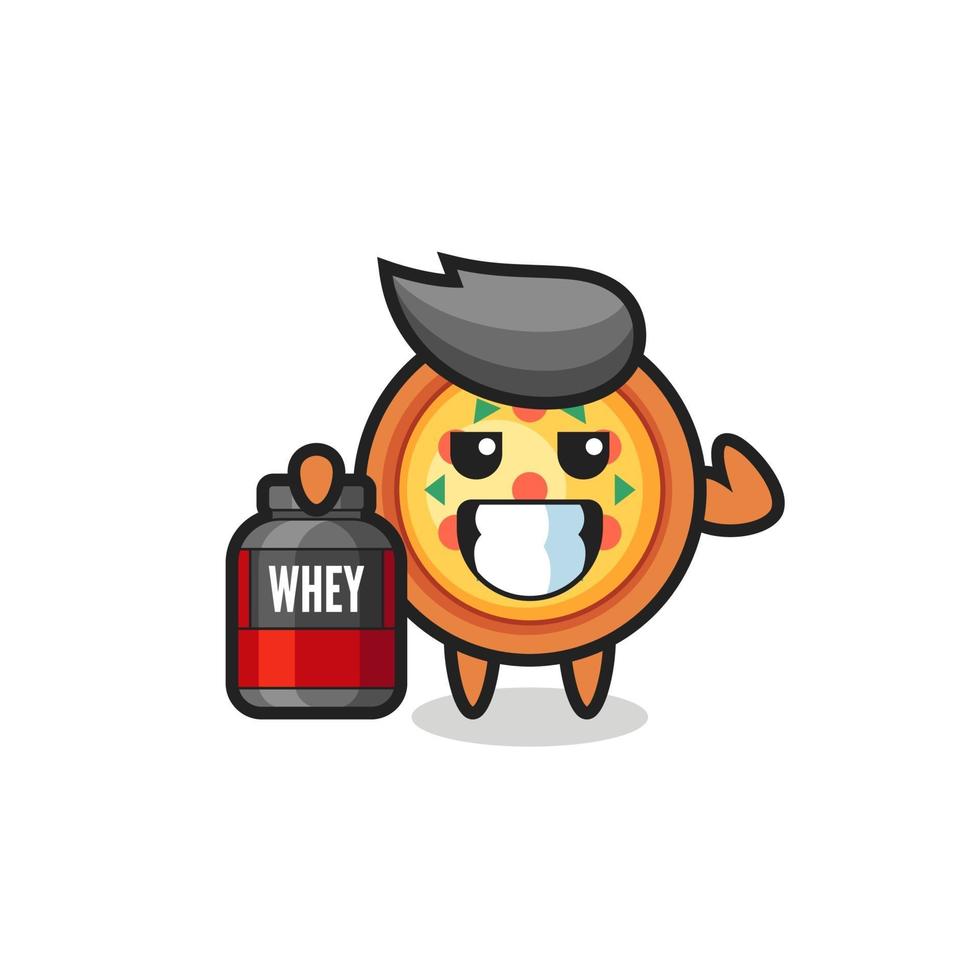 the muscular pizza character is holding a protein supplement vector