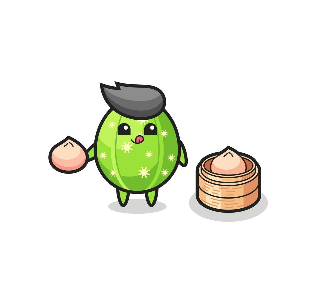 cute cactus character eating steamed buns vector