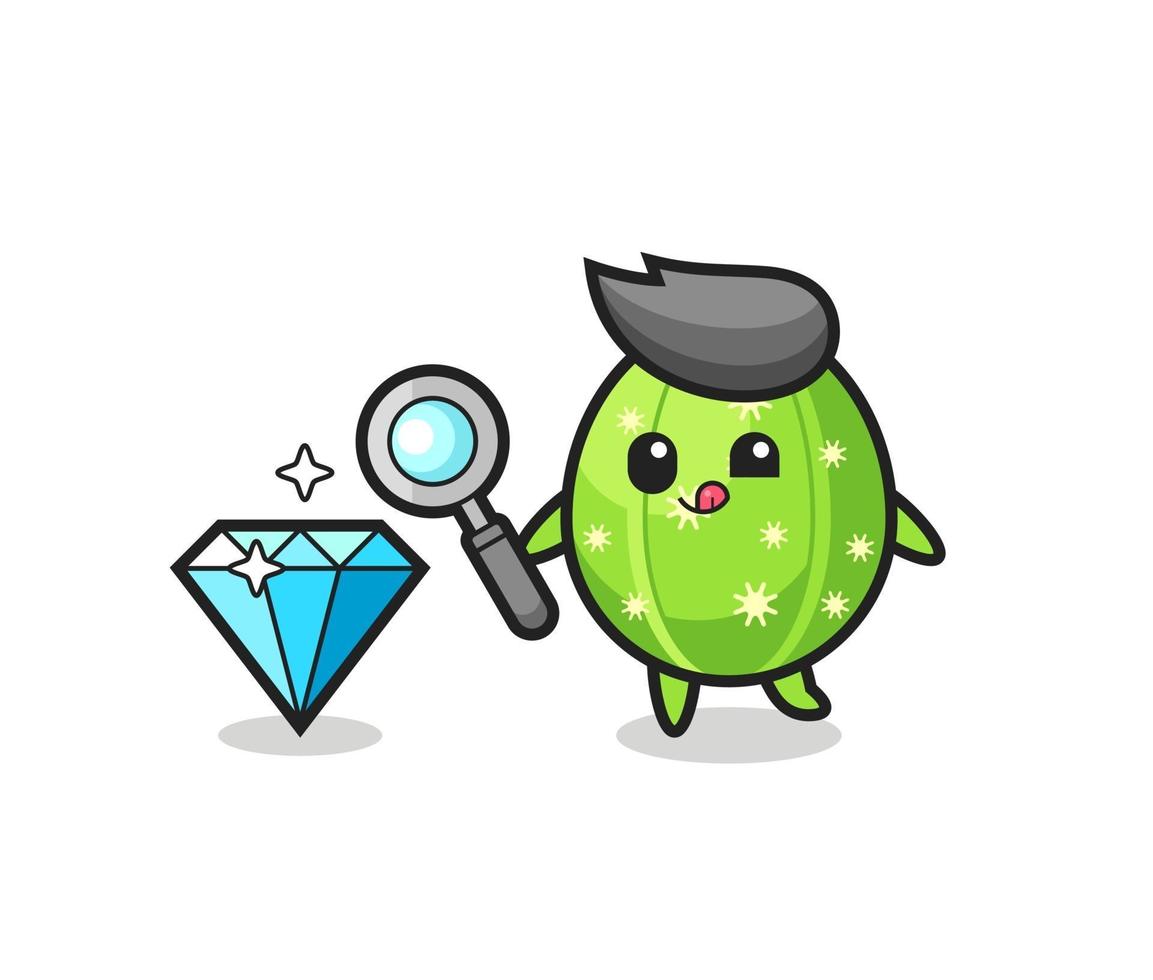 cactus mascot is checking the authenticity of a diamond vector