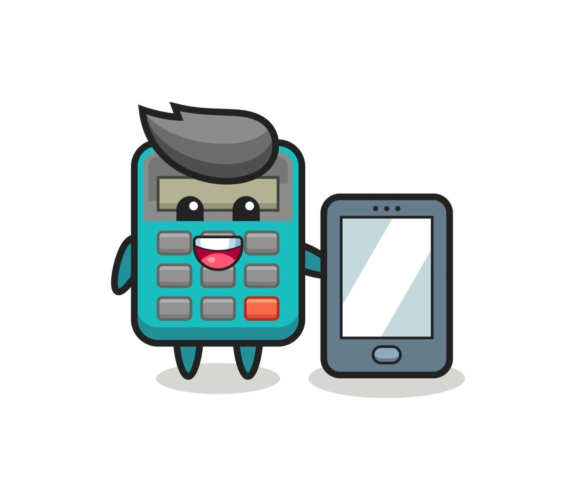 calculadora, ilustración, caricatura, tenencia, un, smartphone vector