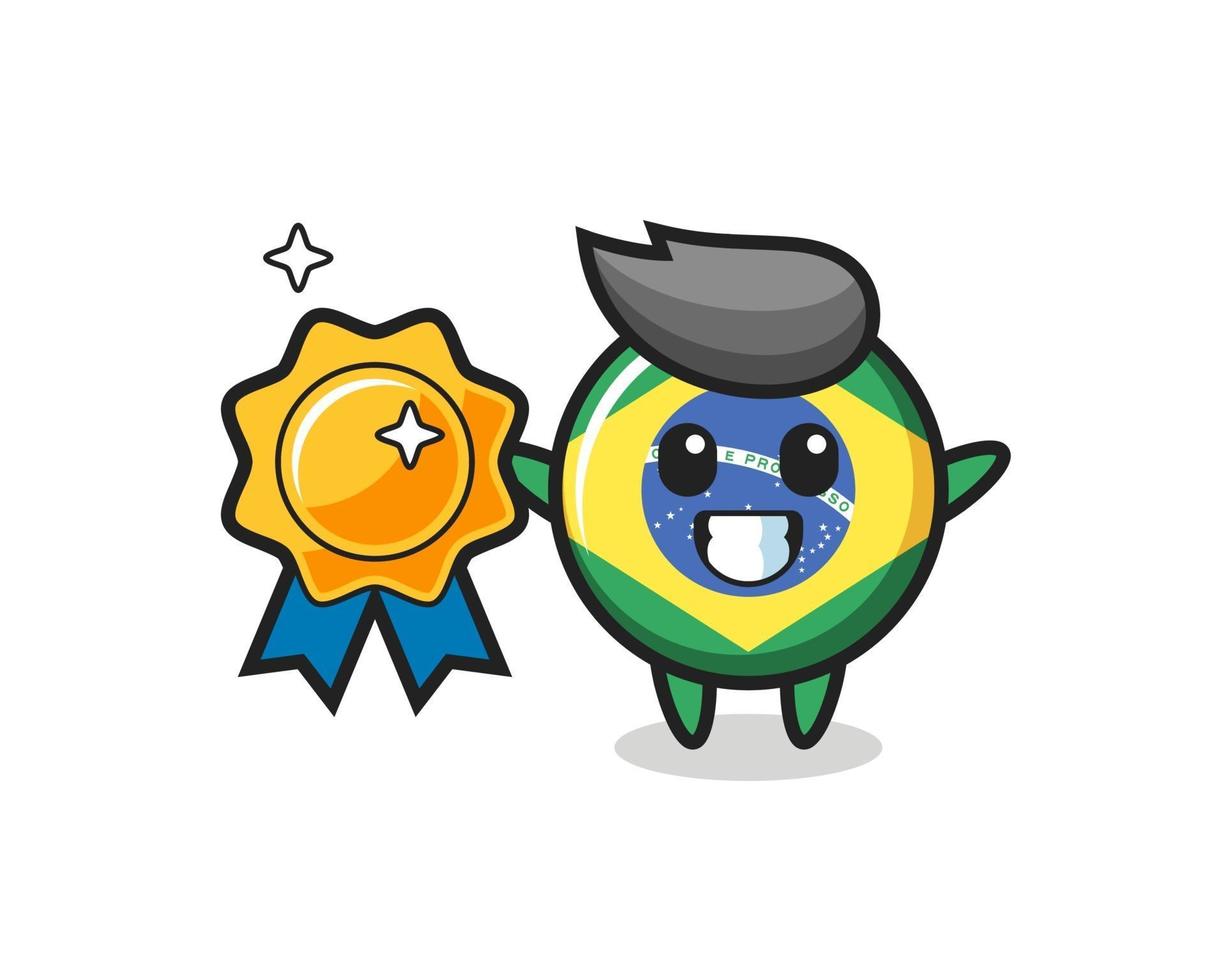 brazil flag badge mascot illustration holding a golden badge vector