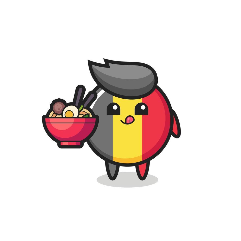 lindo personaje de la insignia de la bandera de bélgica comiendo fideos vector