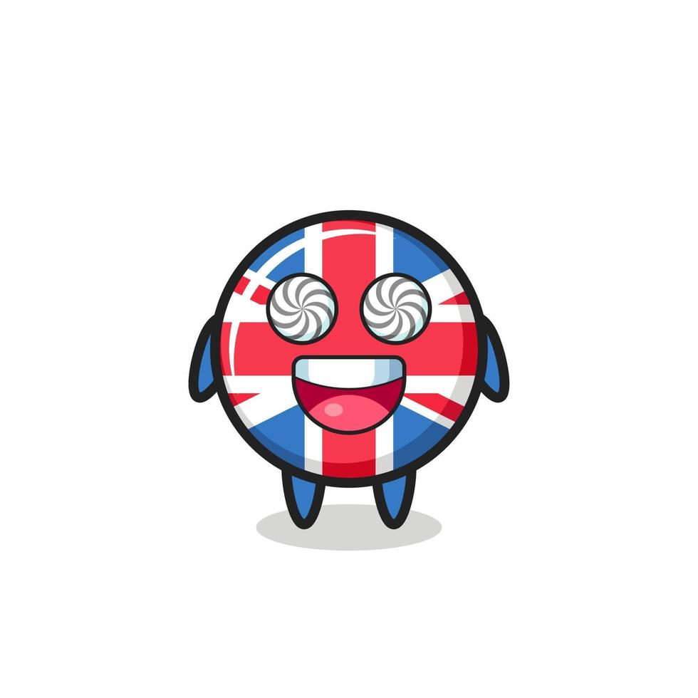cute united kingdom flag badge character with hypnotized eyes vector