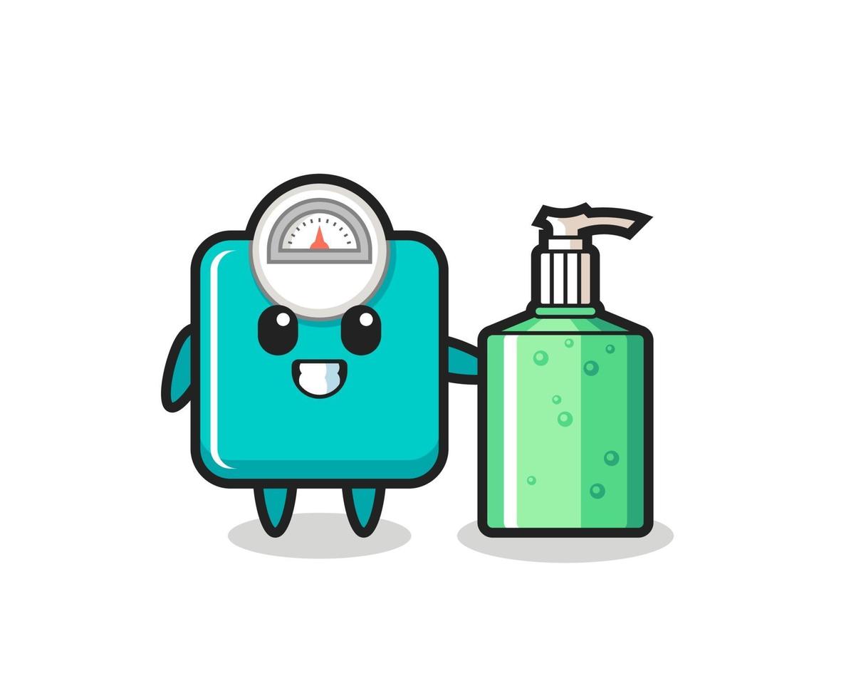 cute weight scale cartoon with hand sanitizer vector