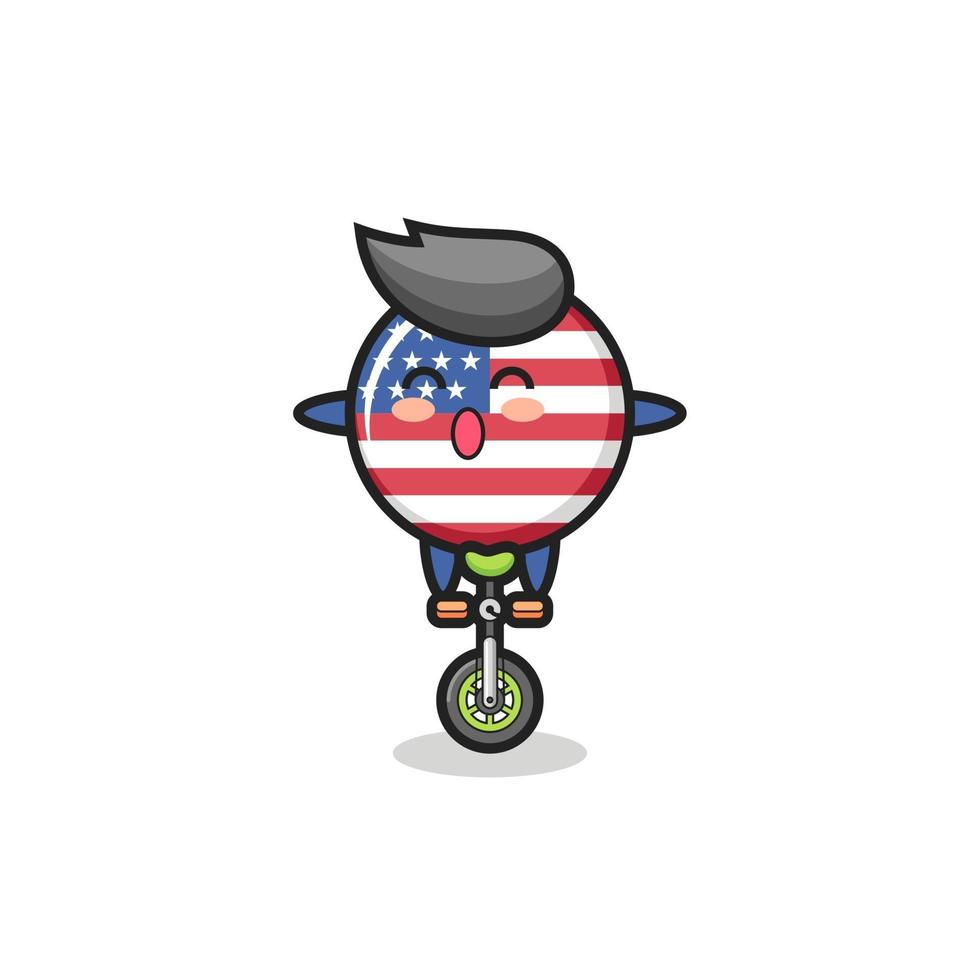 The cute united states flag badge character is riding a circus bike vector