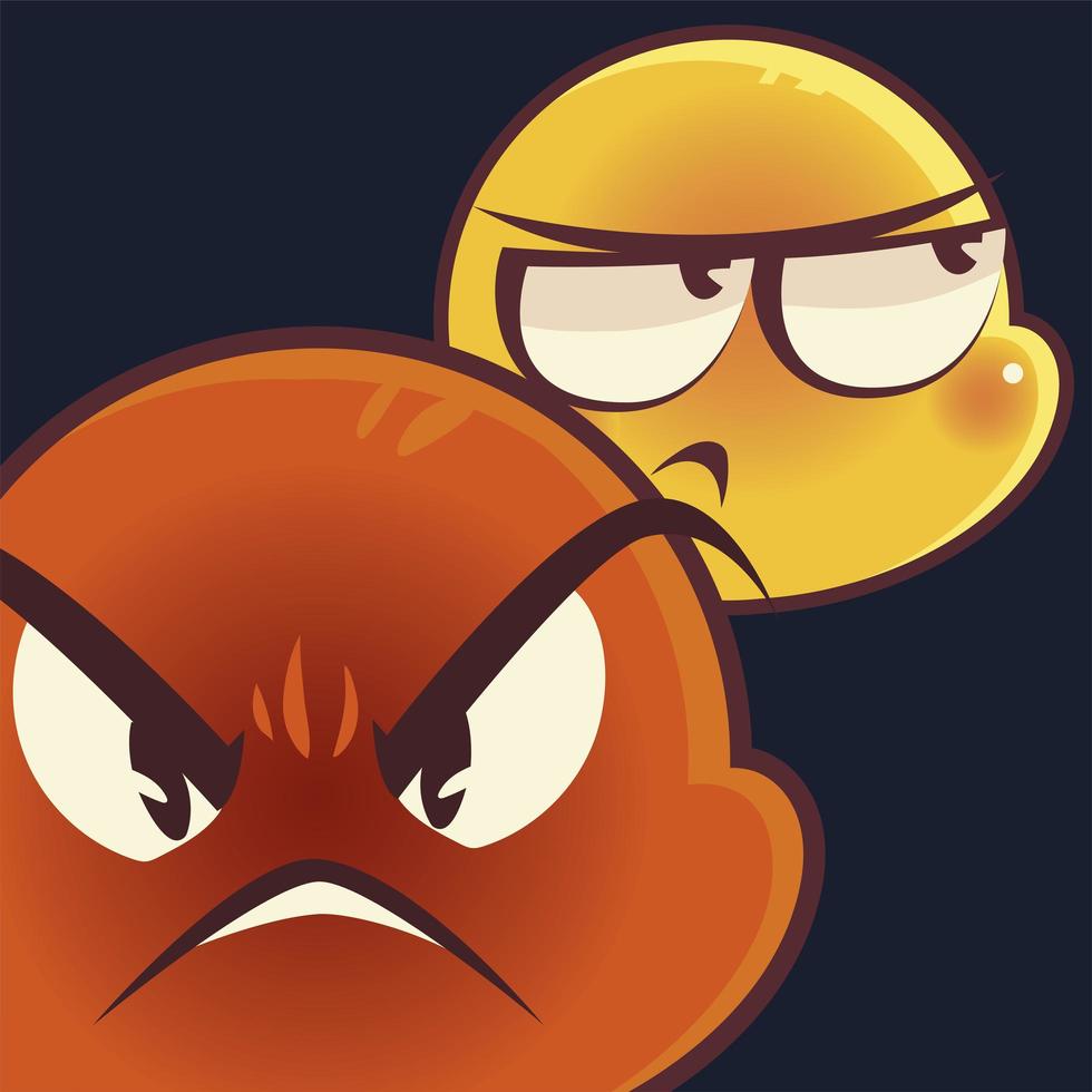 funny emoji, emoticon angry and bad mood faces expression social media vector