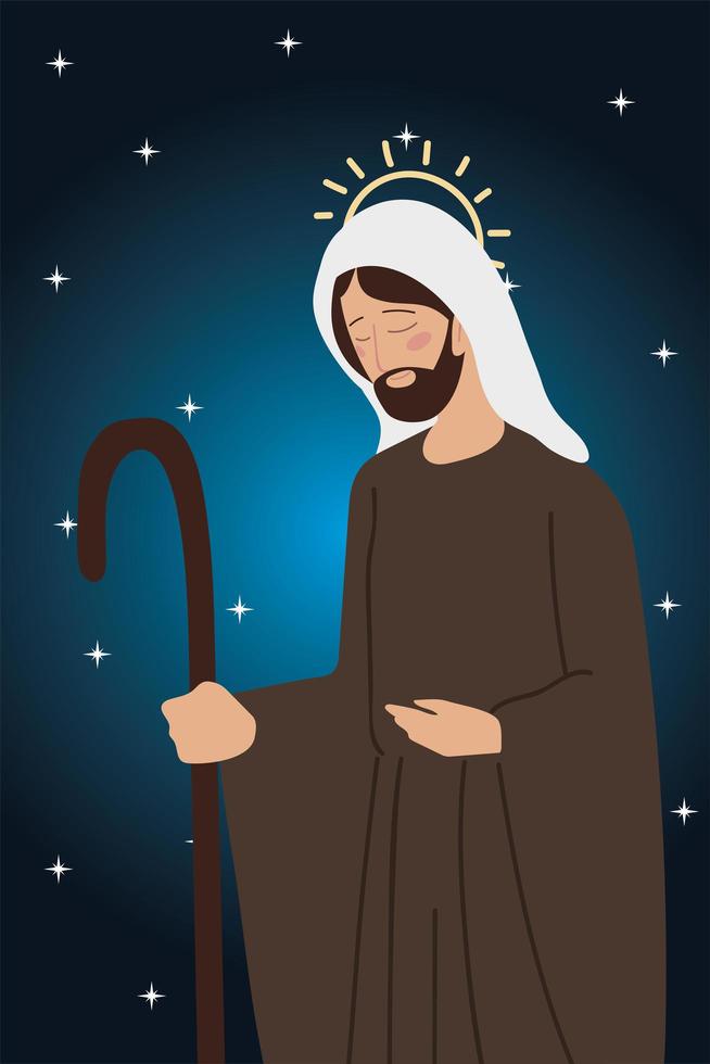nativity character jospeph manger, stars background vector