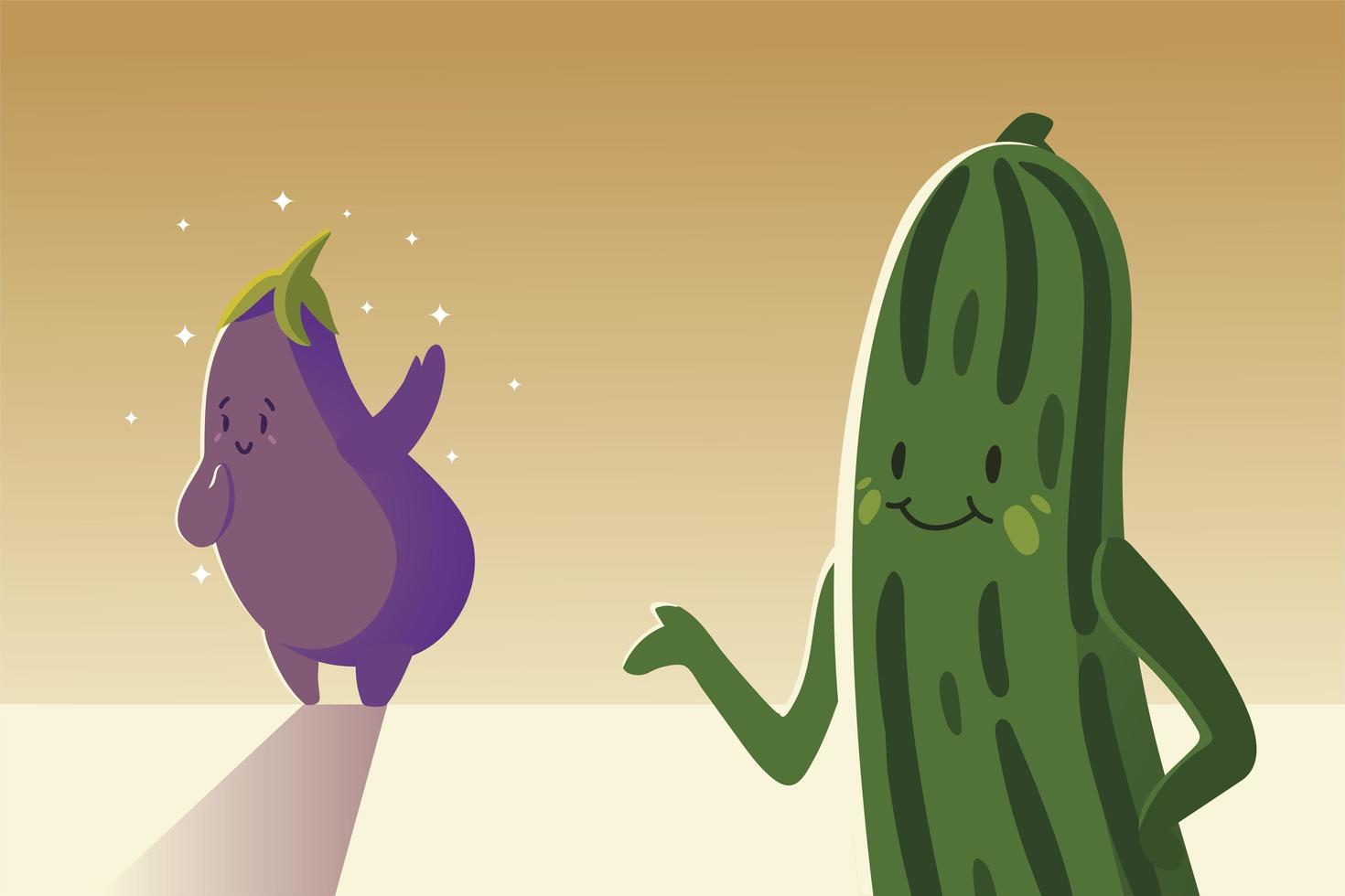 vegetables kawaii cute eggplant and cucumber cartoon style vector