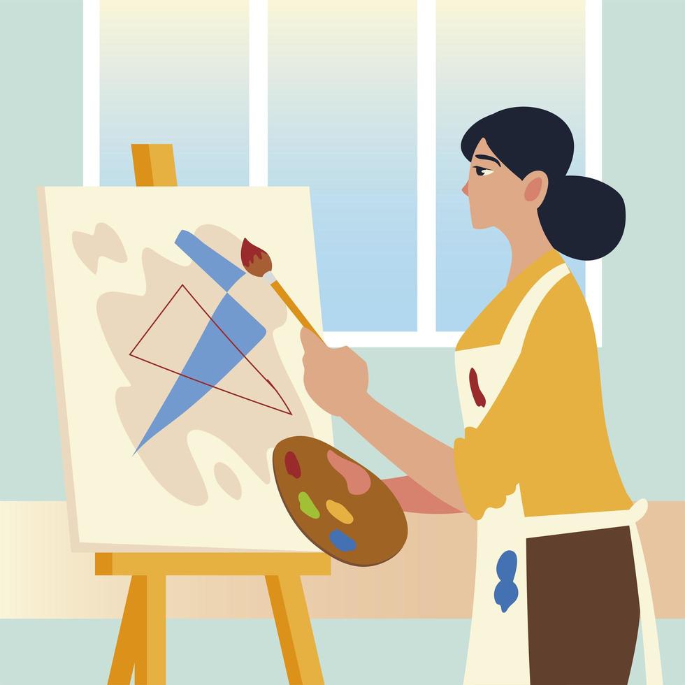 paint class art, woman student painting abstract picture in the studio vector