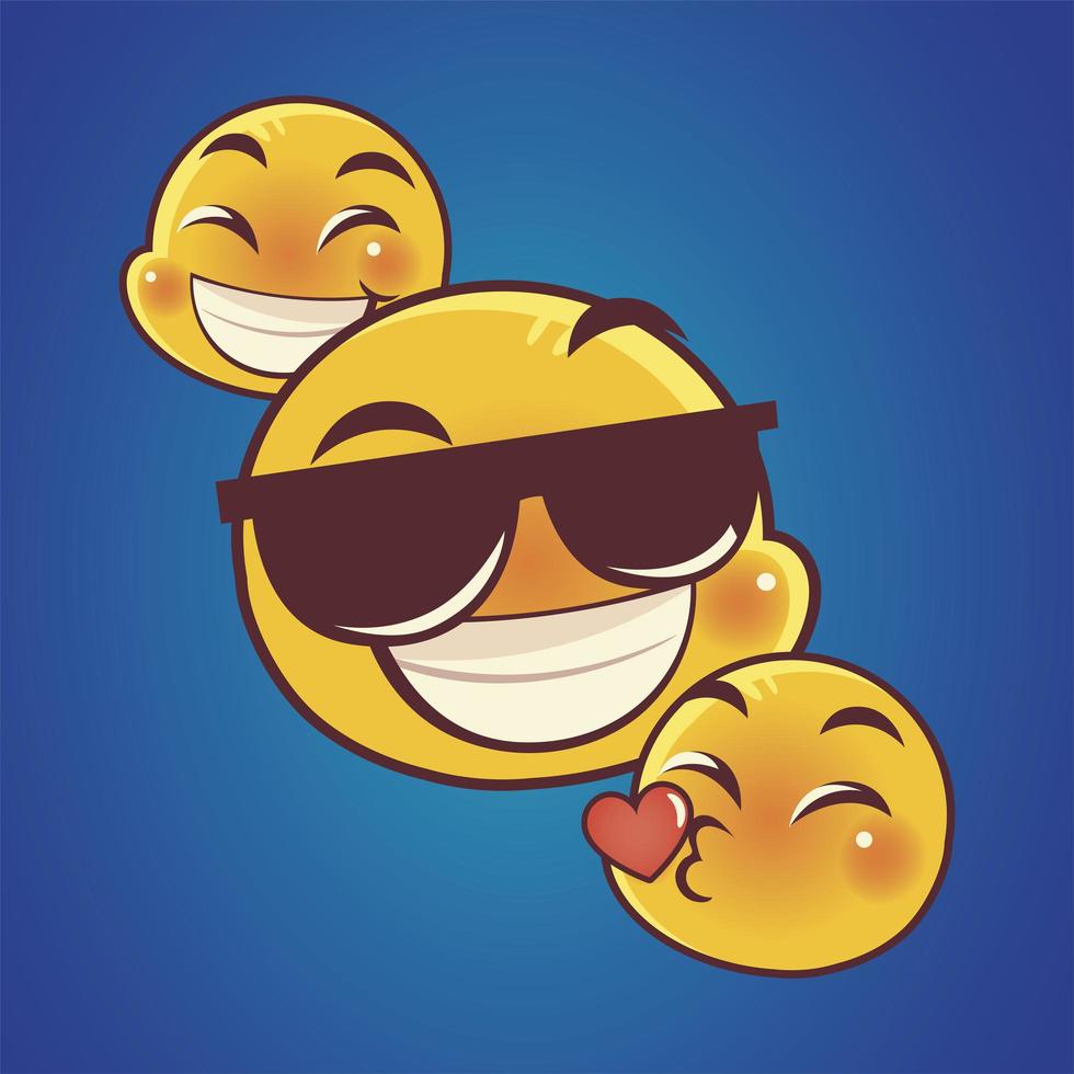 emoji caras expresión reacción redes sociales beso feliz y gafas de sol vector