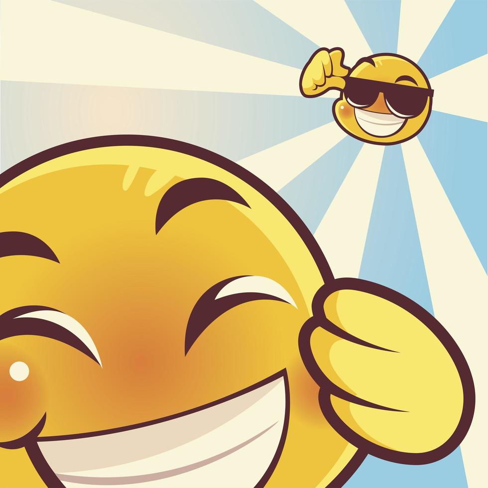 Emoji divertido, emoticon risa feliz y expresión de caras de gafas de sol vector