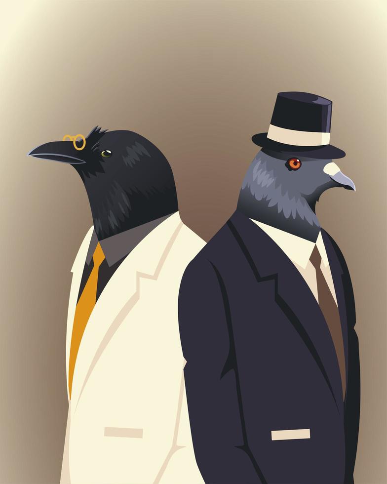 people art animals, cat dove and raven with suit tie and hat vector