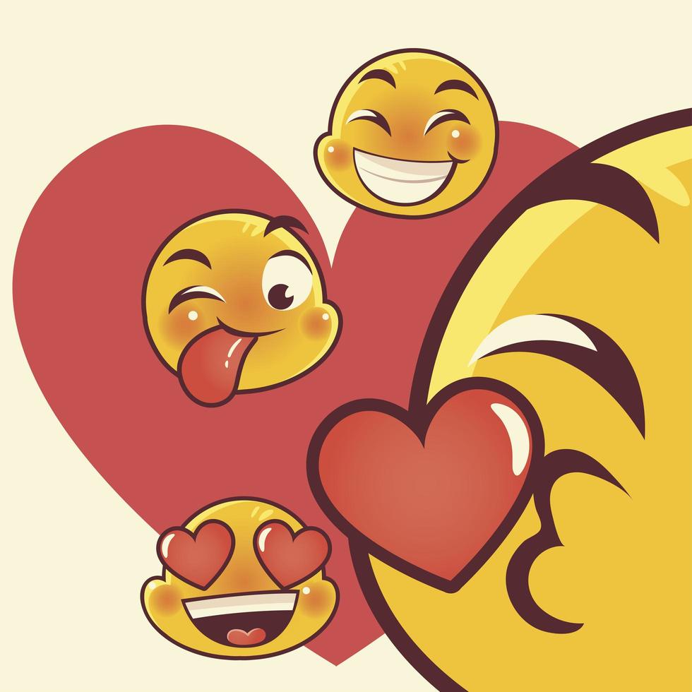 emoji divertido, caras de emoticonos lengua fuera amor beso expresión feliz vector