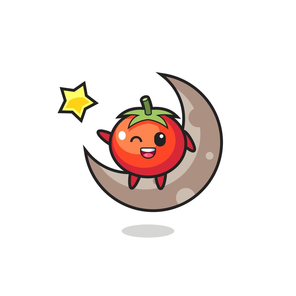 illustration of tomatoes cartoon sitting on the half moon vector