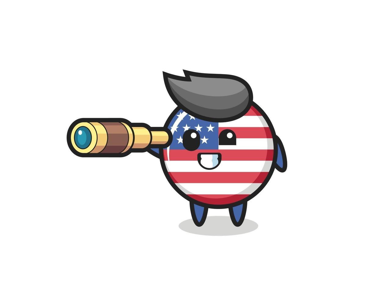 cute united states flag badge character is holding an old telescope vector