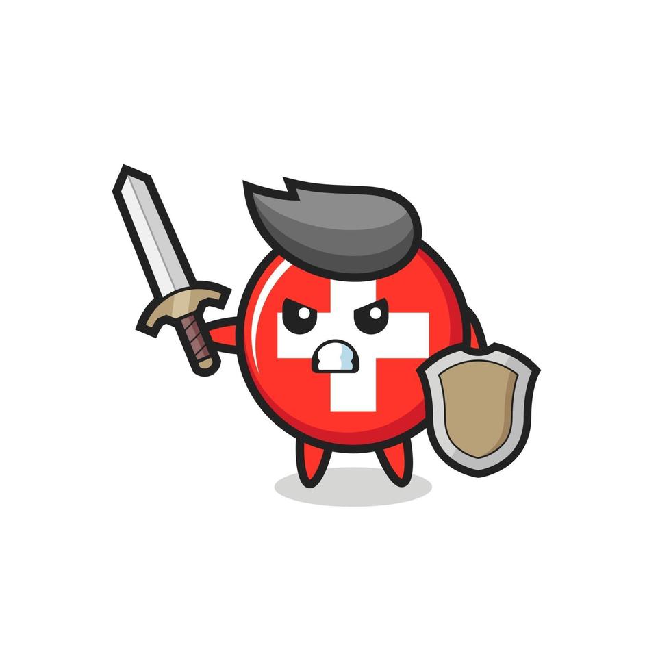 cute switzerland flag badge soldier fighting with sword and shield vector