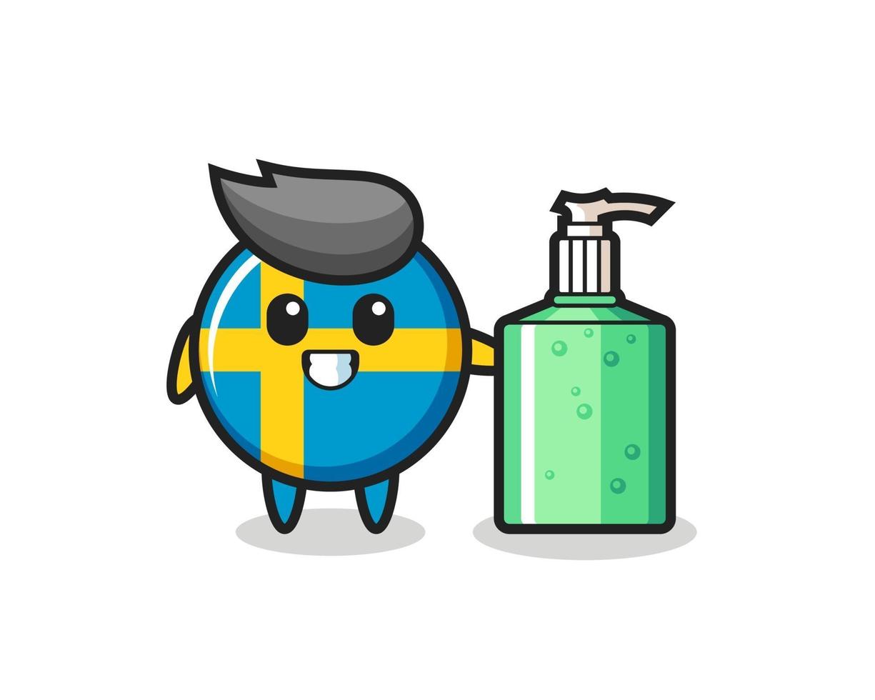 cute sweden flag badge cartoon with hand sanitizer vector