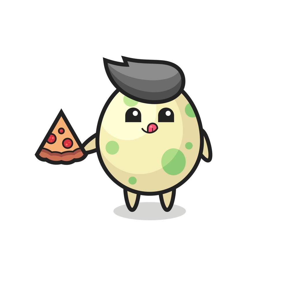 cute spotted egg cartoon eating pizza vector