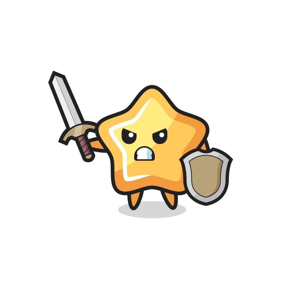 cute star soldier fighting with sword and shield vector