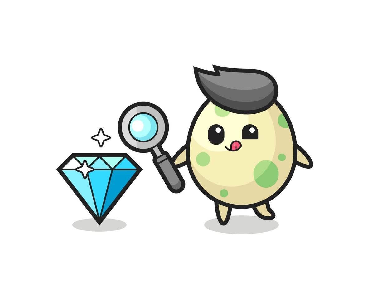 spotted egg mascot is checking the authenticity of a diamond vector