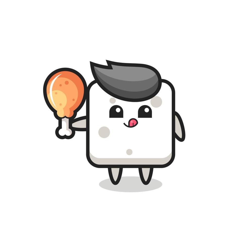 sugar cube cute mascot is eating a fried chicken vector