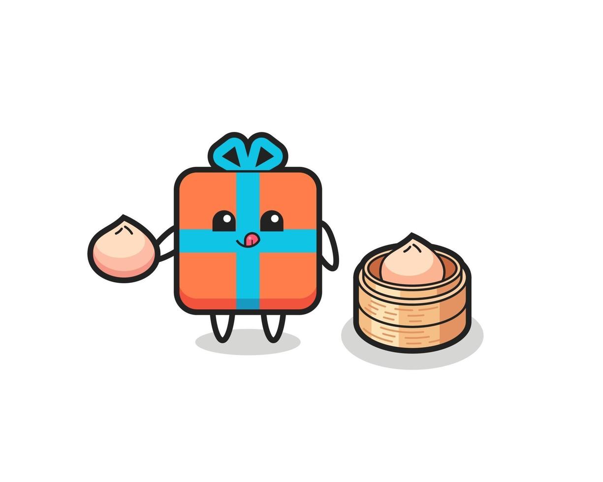 cute gift box character eating steamed buns vector
