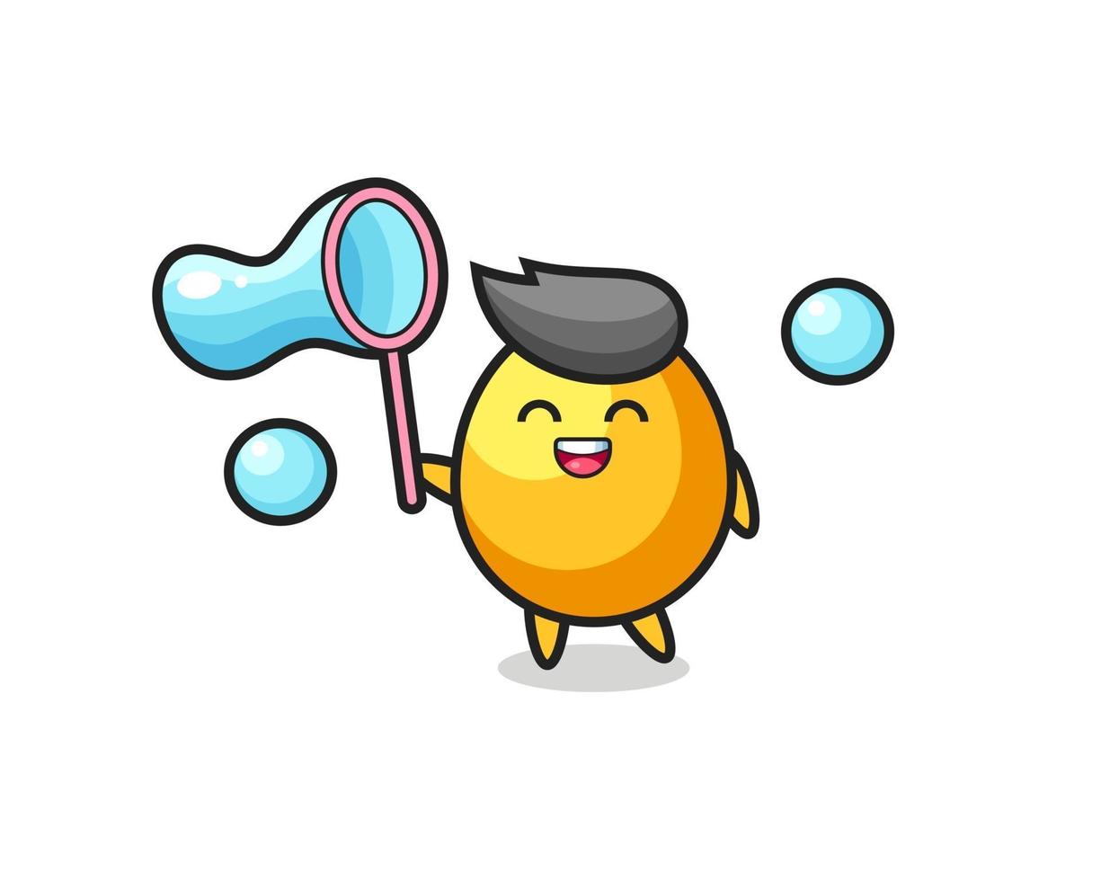 happy golden egg cartoon playing soap bubble vector