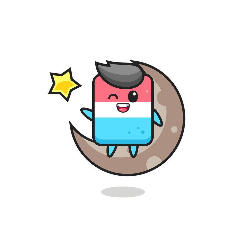 illustration of eraser cartoon sitting on the half moon vector