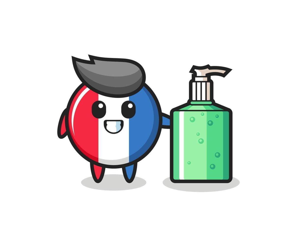 cute france flag badge cartoon with hand sanitizer vector