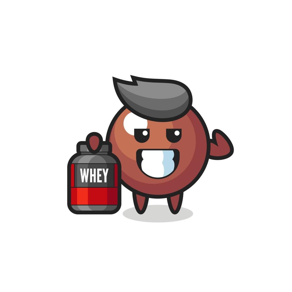 the muscular chocolate ball character is holding a protein supplement vector