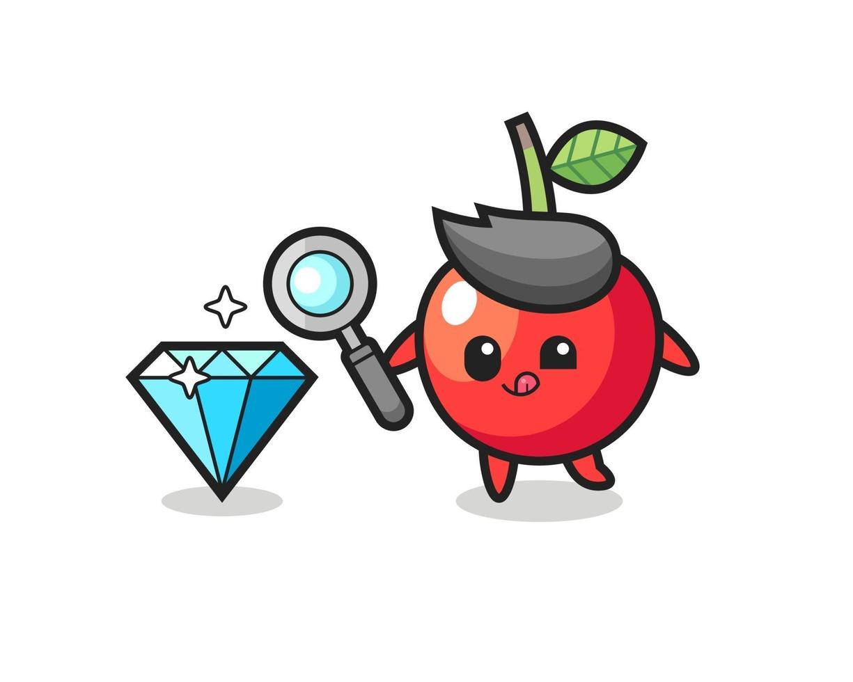 cherry mascot is checking the authenticity of a diamond vector