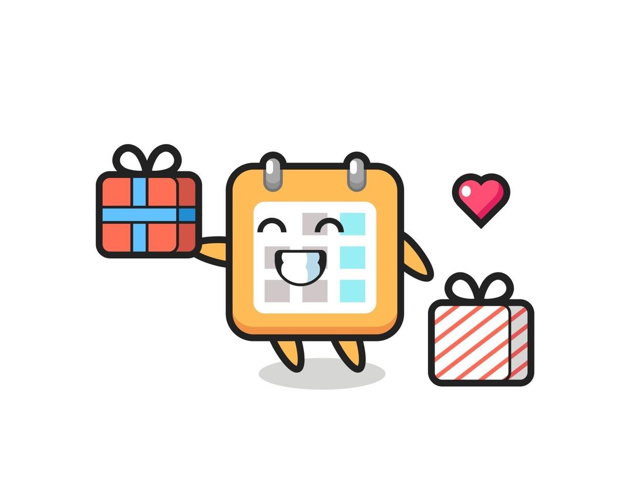 dibujos animados de la mascota del calendario dando el regalo vector
