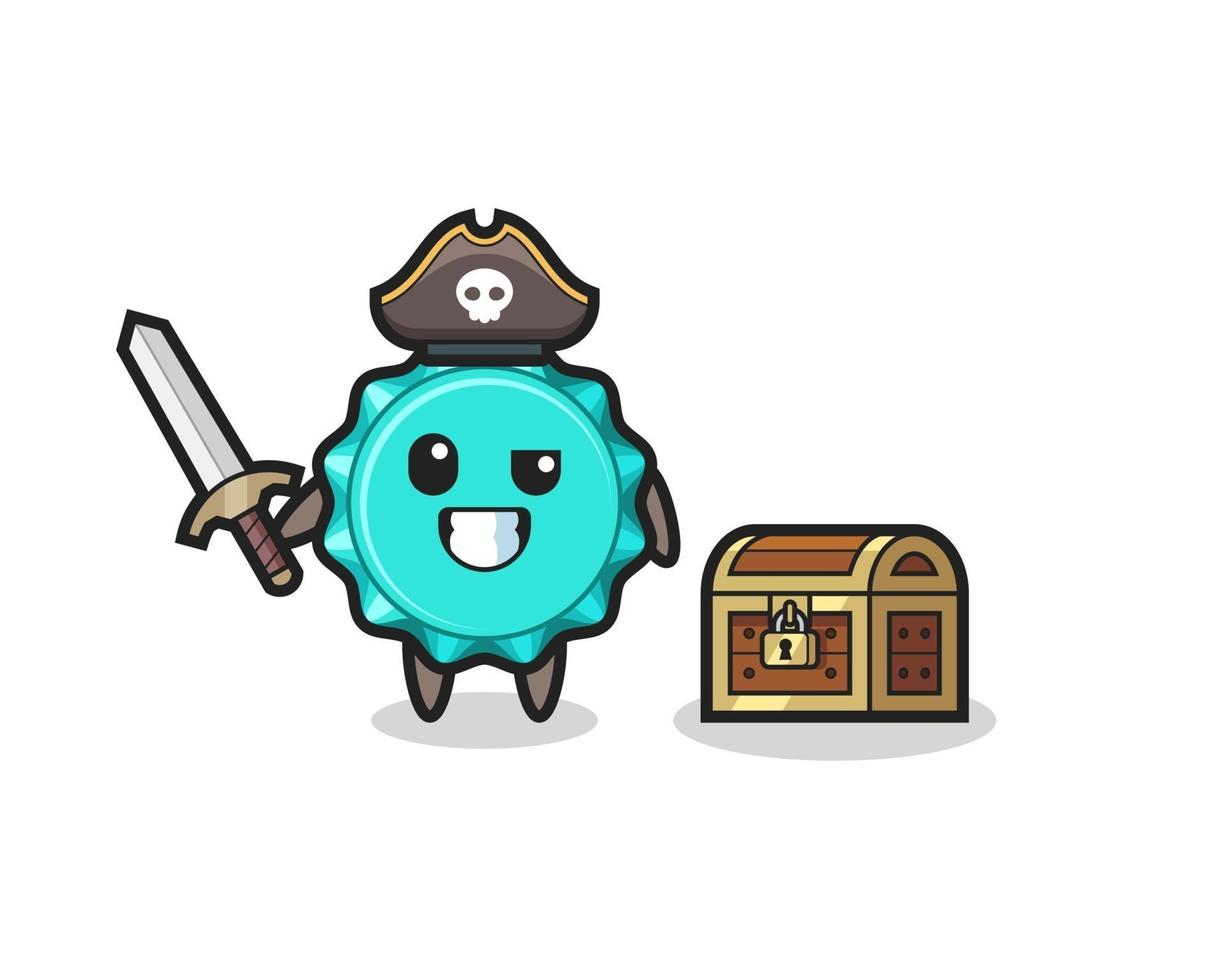 the bottle cap pirate character holding sword beside a treasure box vector