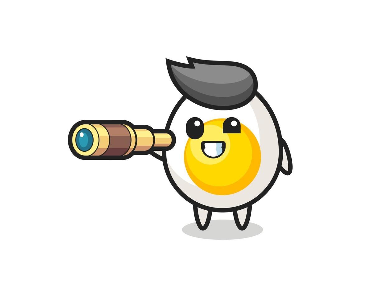 cute boiled egg character is holding an old telescope vector