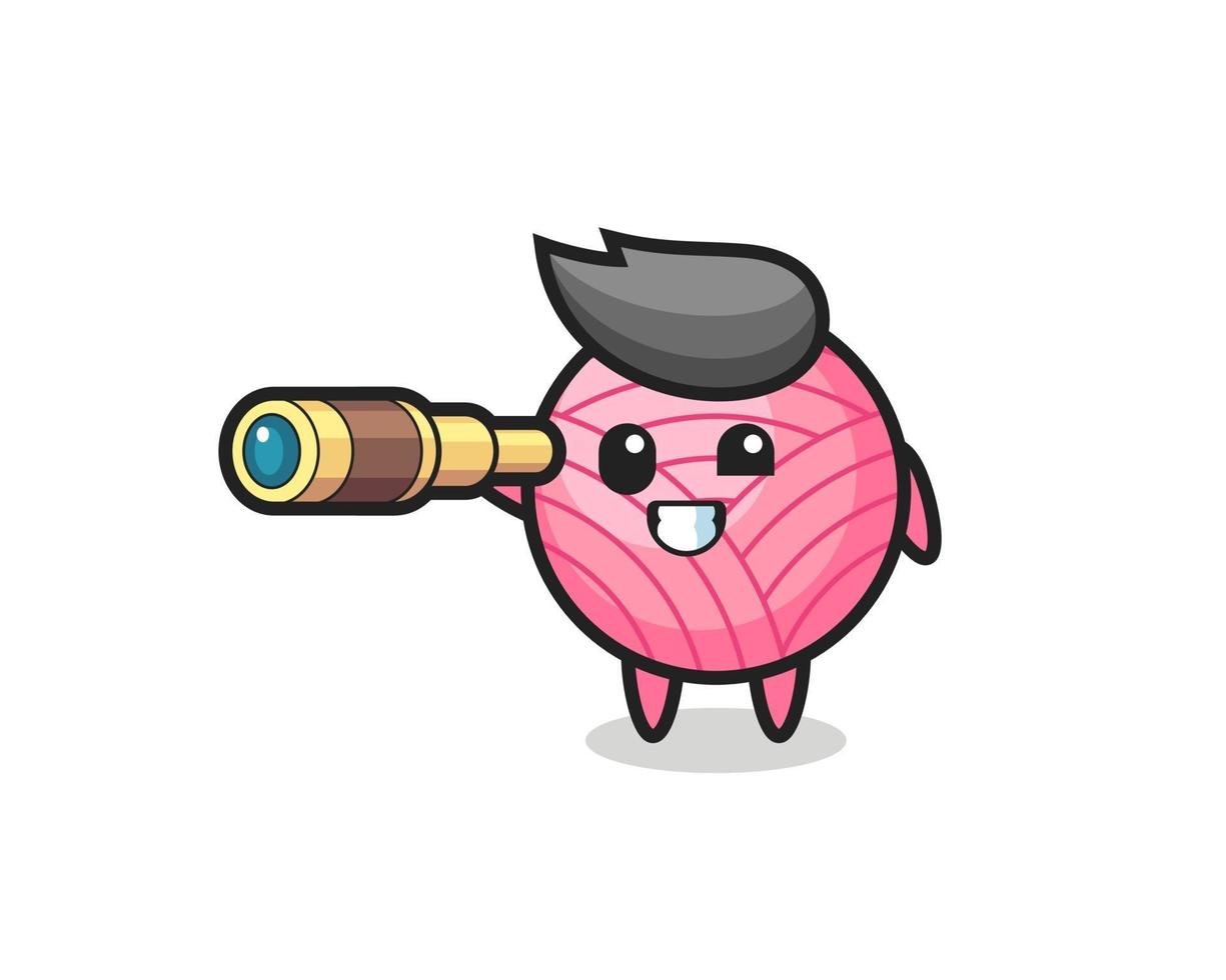 cute yarn ball character is holding an old telescope vector