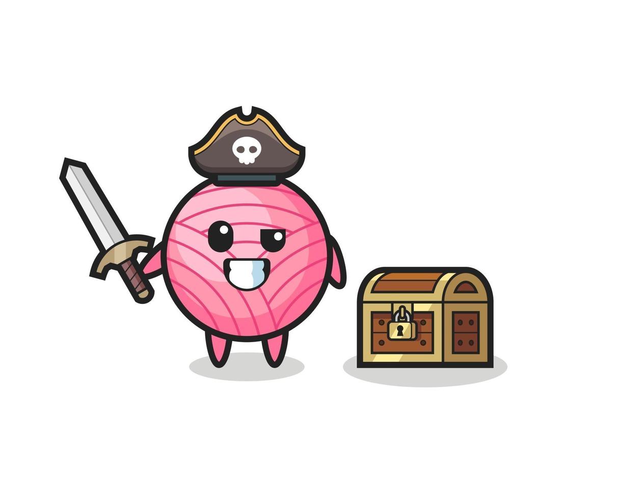 el personaje pirata de la bola de hilo sosteniendo la espada al lado de un cofre del tesoro vector