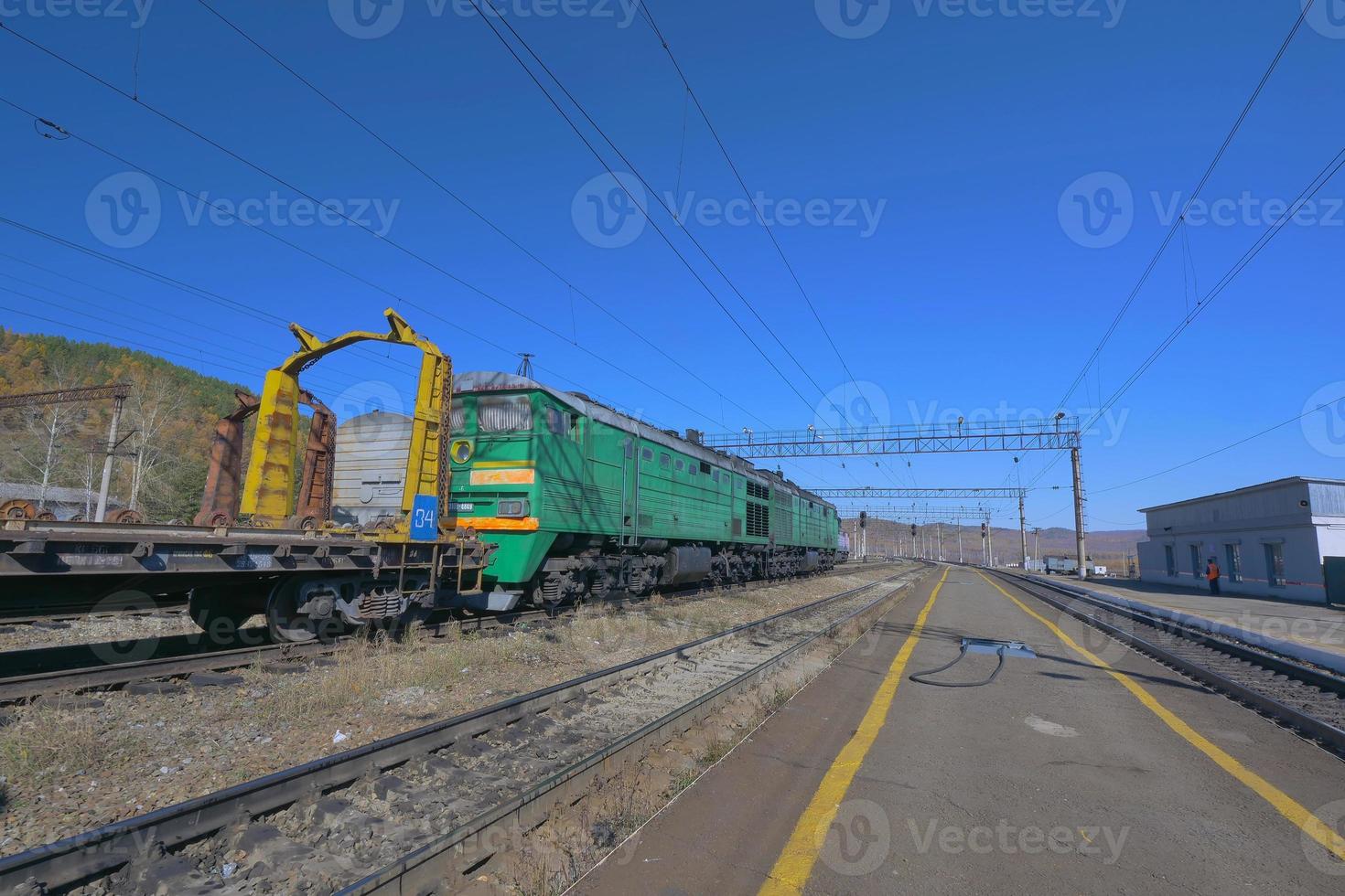 Trans Siberian railway track platform view and blue sky, Russia photo