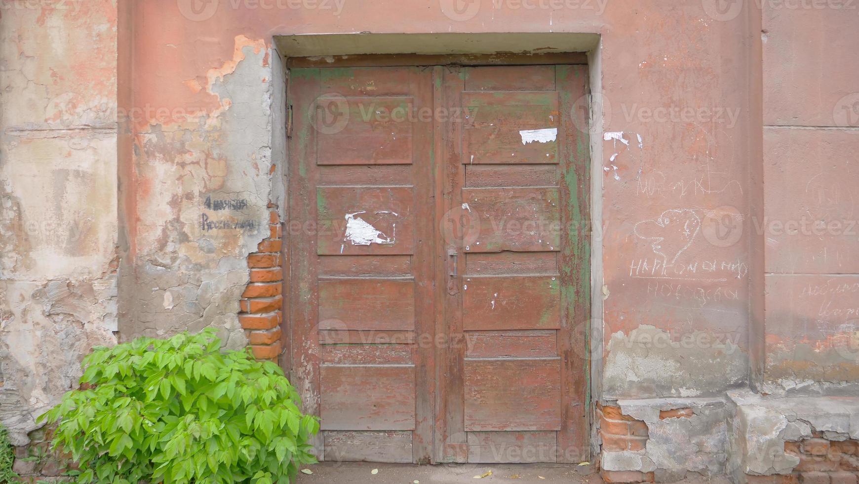 old broken concrete brick wall wooden door plant leaf background image photo