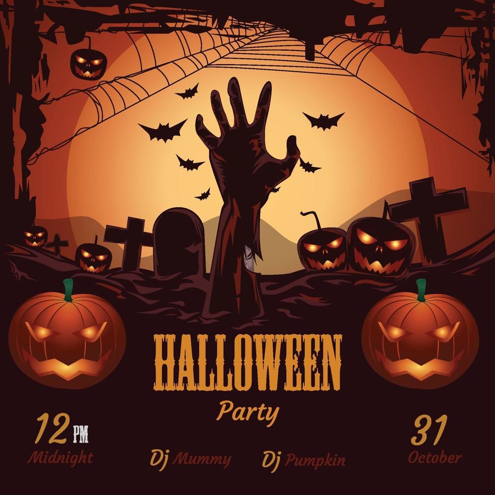 Halloween party lettering with date, pumpkins, hand, moon and scary vector