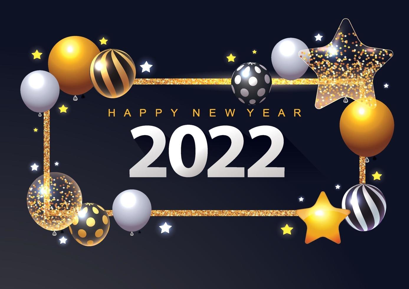 Tarjeta de felicitación de año nuevo 2022 o banner bolas de estrellas metálicas 3d vector