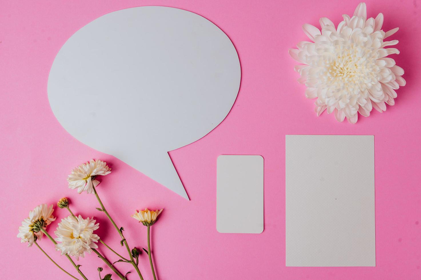 speech bubble oval, flower and clear card with pink background photo