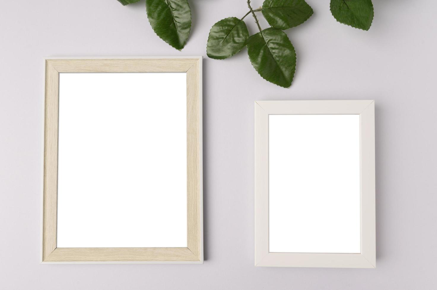 Dos marcos de fotos en blanco y ramas de hojas sobre fondo blanco.