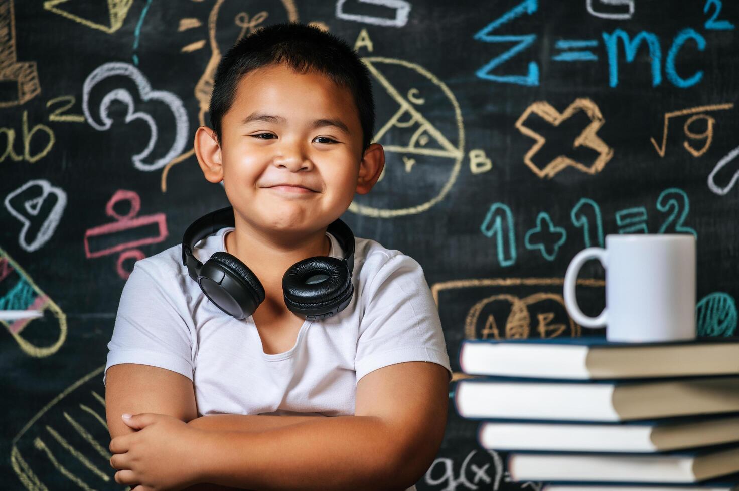 niño sentado con los brazos cruzados en el aula foto