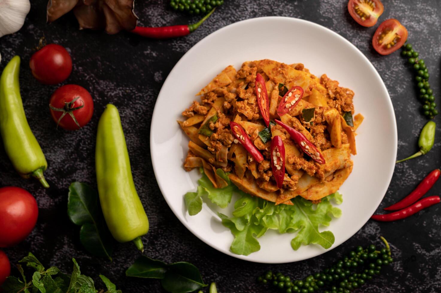 Stir Fried Curry Paste with Bamboo Shoot and Minced Pork. photo