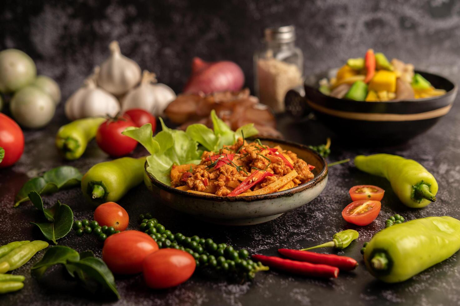 Stir Fried Curry Paste with Bamboo Shoot and Minced Pork. photo