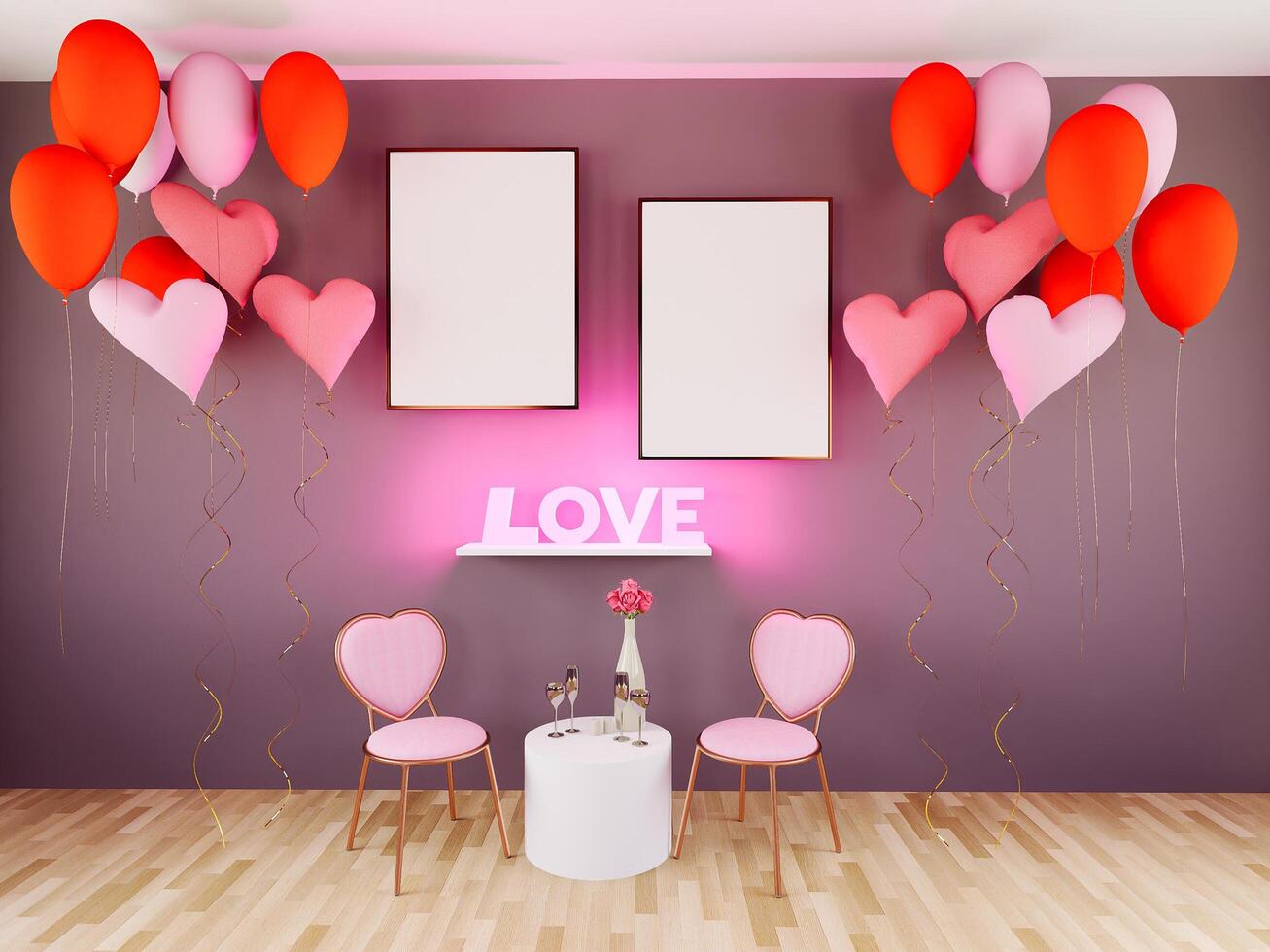 Living comedor con sillas y marco de pared 3d, estilo San Valentín. foto