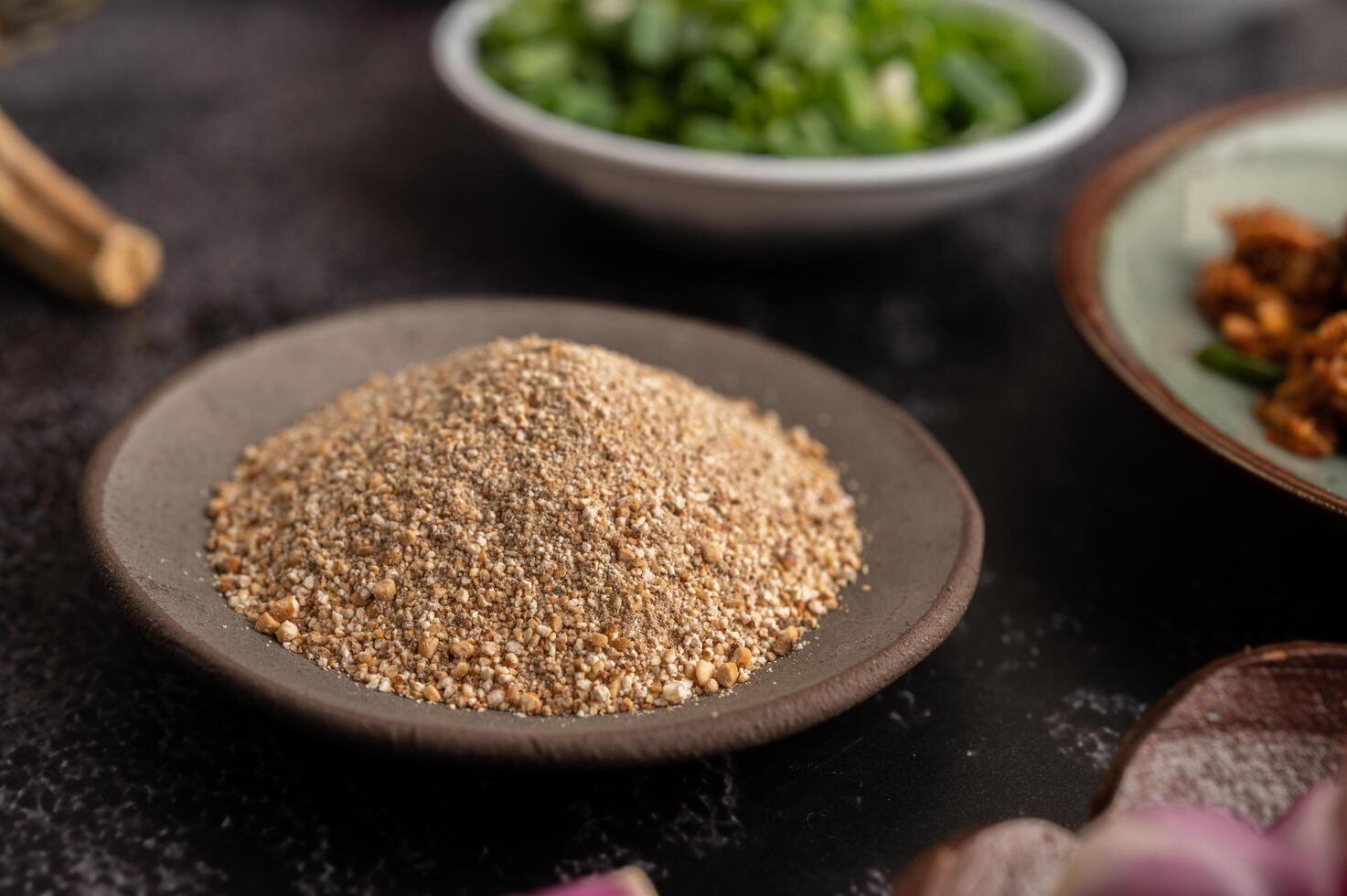 Roasted rice in a brown plate. Selective focus. photo