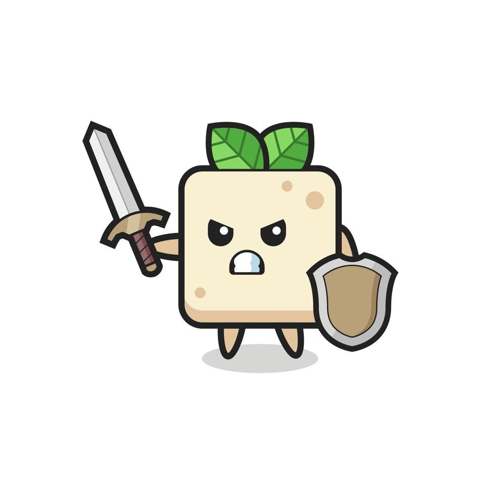 lindo soldado de tofu luchando con espada y escudo vector